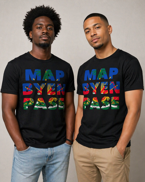 Two men wearing black t-shirts with Haiti Flag Words Lakay Remedies 