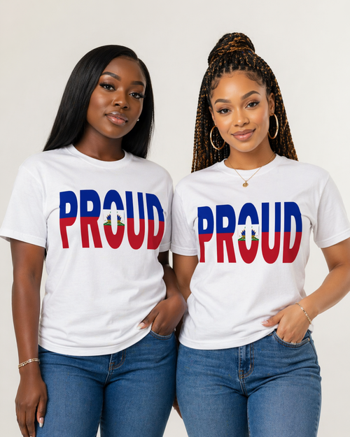 Two women wearing white t-shirts with 'PROUD' in blue and red on a plain background