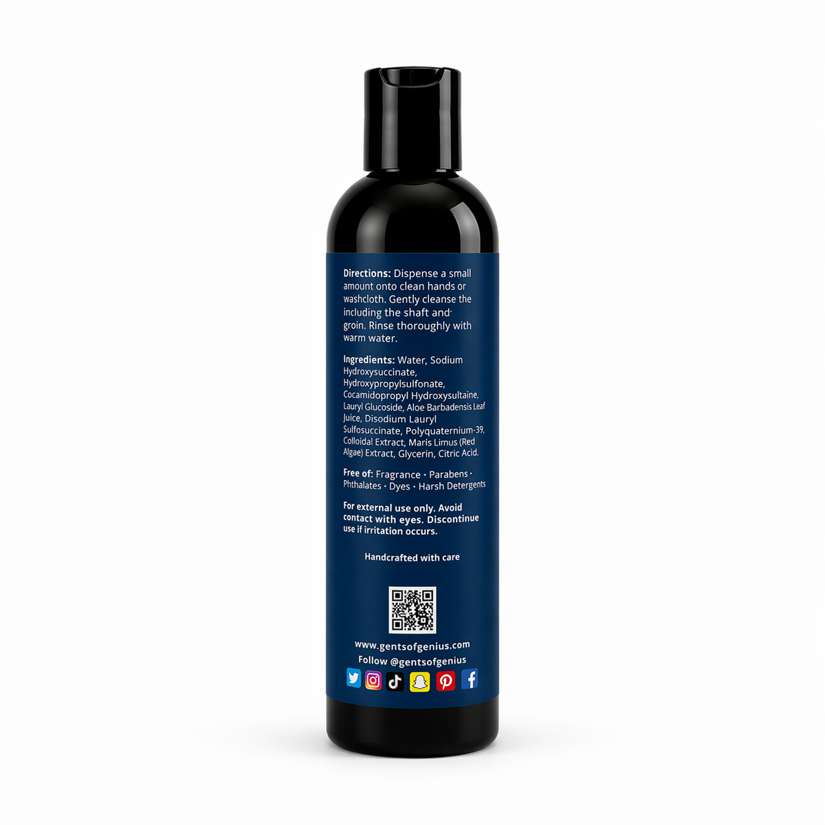 Black bottle with blue label on a white background
