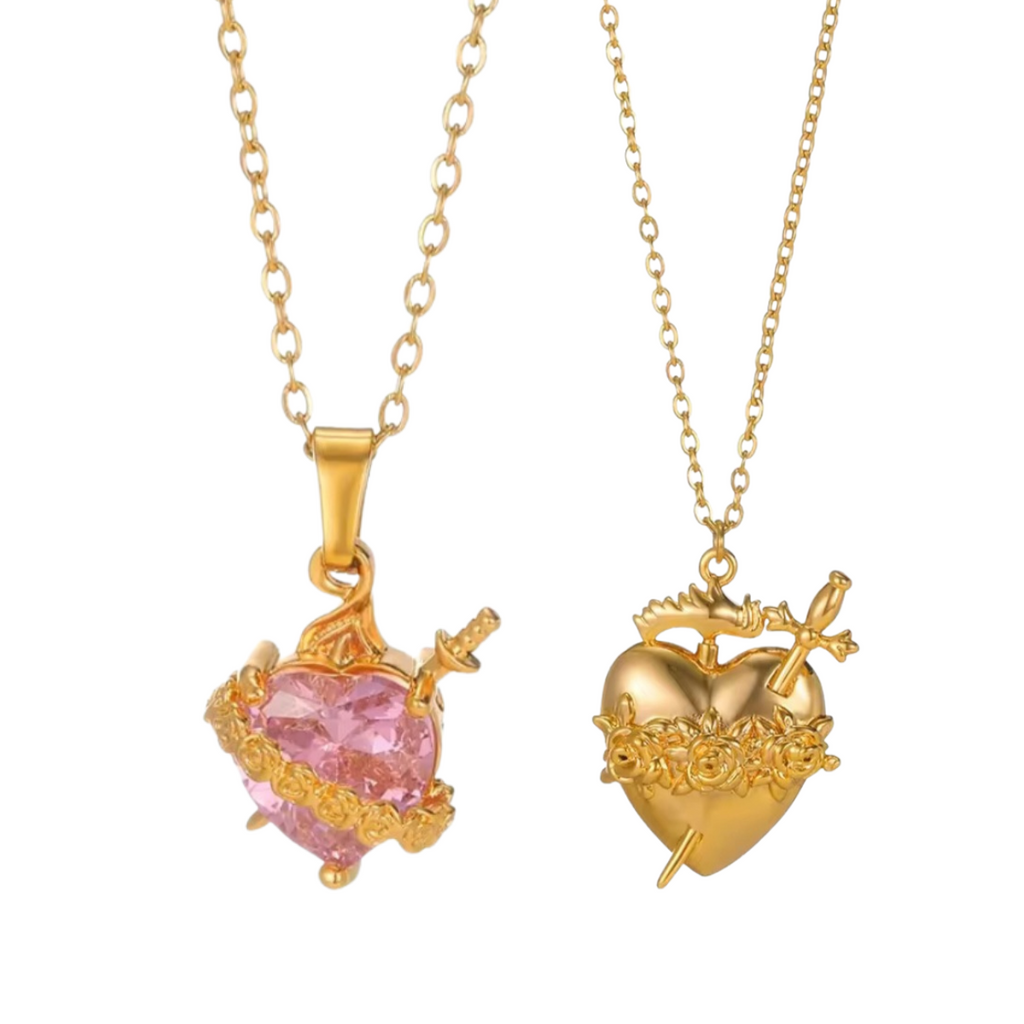 Sacred Heart of Ezili Freda Necklace – Gold Sword Through Heart Pendant with Roses