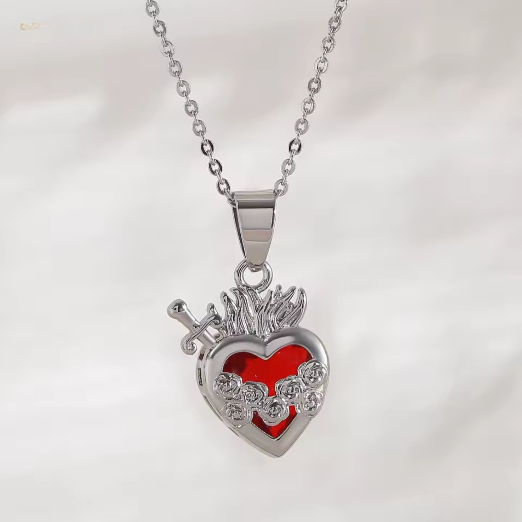 Silver Plated Red Zircon Heart Necklace