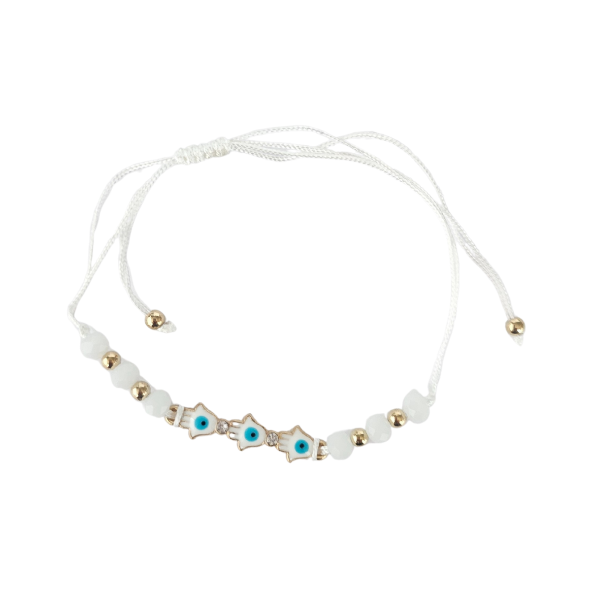 White Evil Eye Bracelet with hand-shaped beads and blue eye designs on a white background