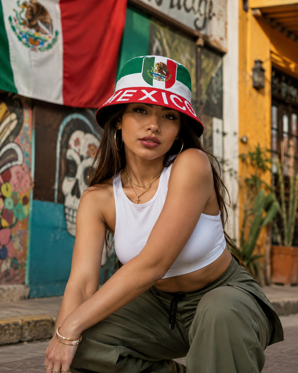 Woman wearing a Mexico-themed bucket hat in an urban setting with a colorful mural and flag in the background.