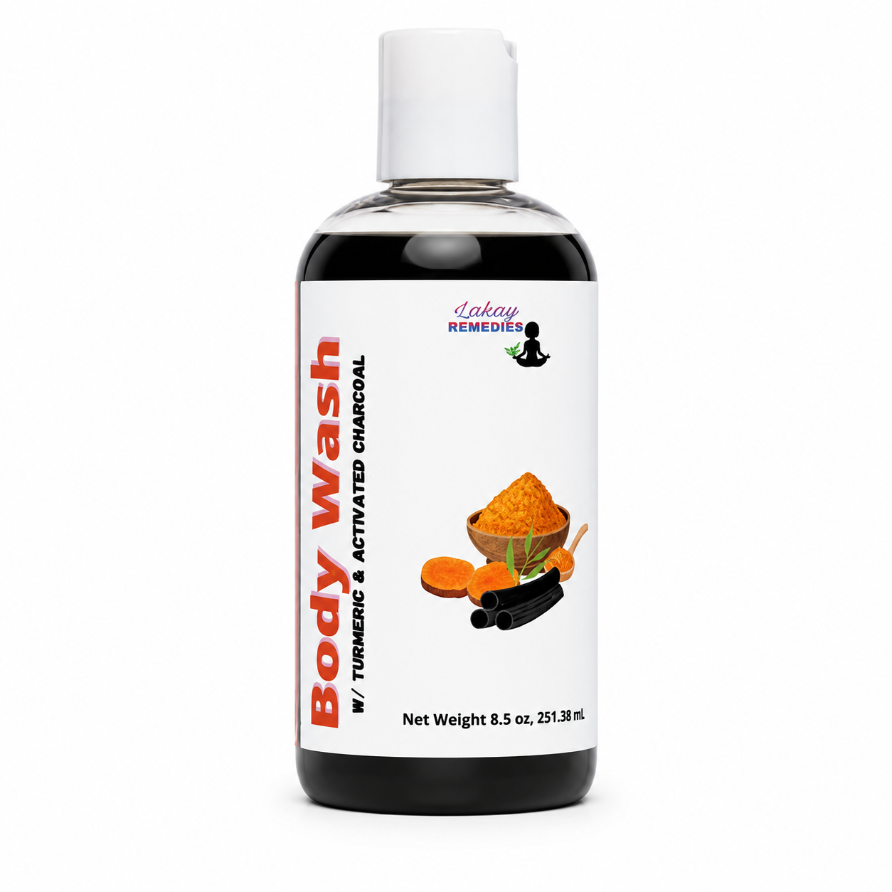 A bottle of Lakay Remedier Body Wash with Turmeric and Activated Charcoal, featuring a white cap, clear bottle showing dark liquid, and a white label with red and black text and ingredient illustrations.