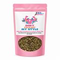 A pink stand-up pouch of Her Beauty Factory Don't Cramp My Style tea blend, featuring a white label with colorful text and a clear window showing the green and brown herbal tea inside.