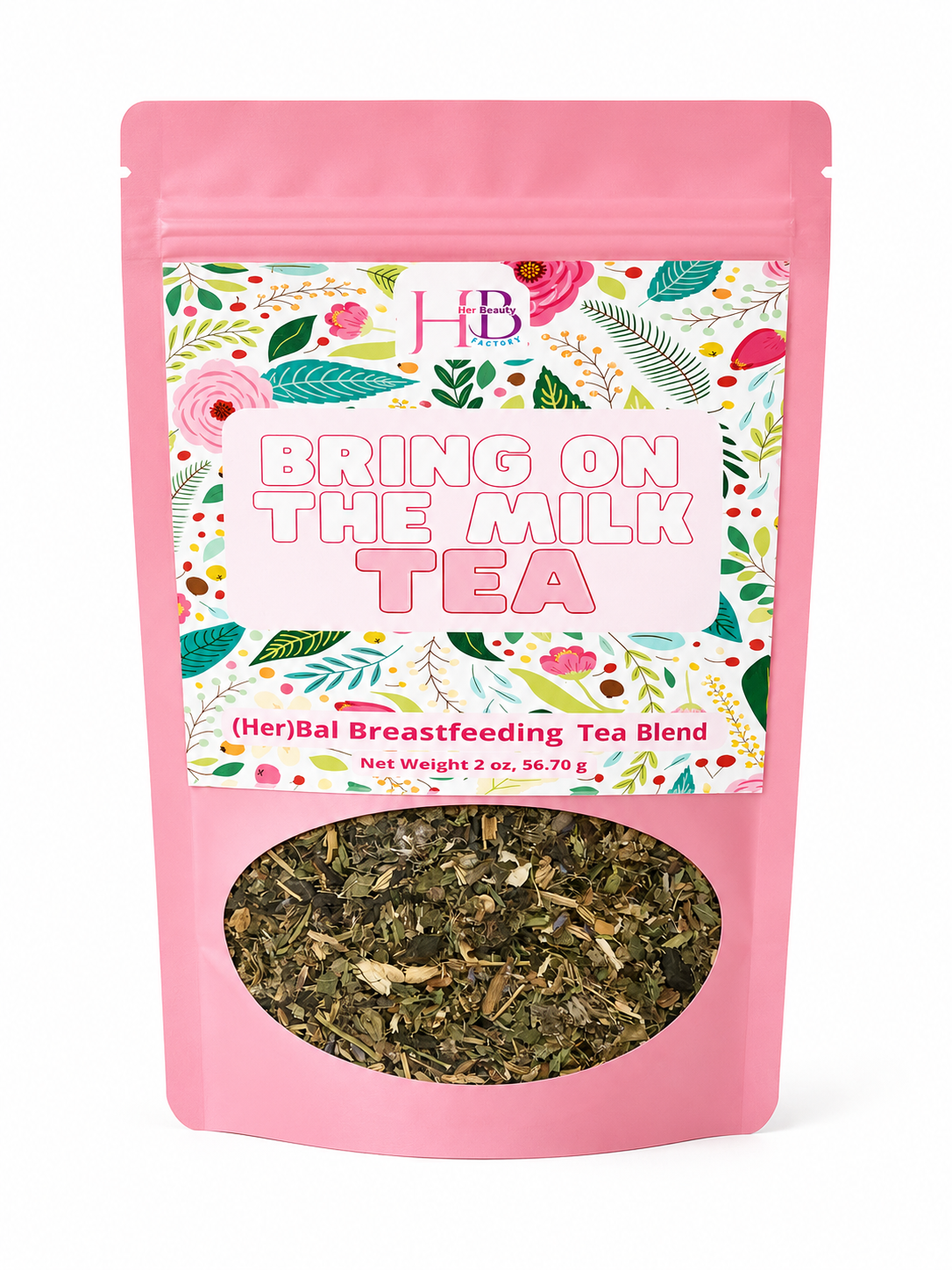 Pink stand-up pouch of 'Bring On the Milk Tea' herbal breastfeeding tea blend, featuring a colorful botanical pattern label and a clear window showing the dried tea leaves inside.