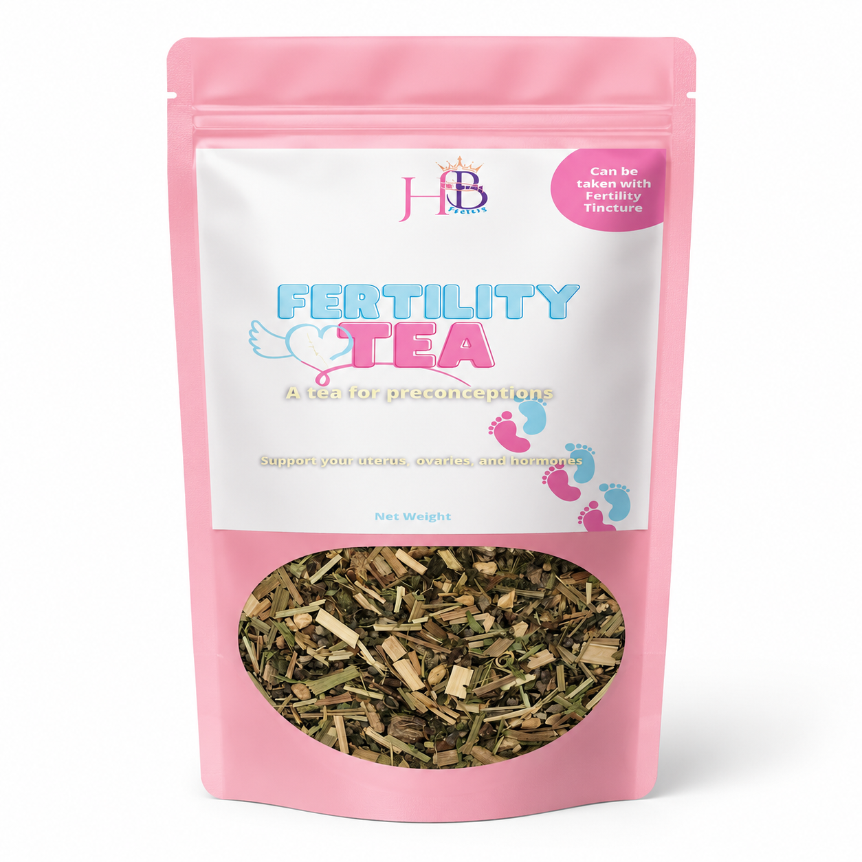 A pink stand-up pouch of Fertility Tea with a clear window showing dried herbal tea leaves inside. The front label features the brand logo 'Her Beauty Factory' and the product name 'FERTILITY TEA' in blue and pink text, with a pink circular badge on the top right.