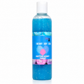 A bottle of body wash with blue gel inside, featuring a white cap and a blue label with pink and white text that reads 'Creamy Body Wash' and 'Cotton Candy Twist'.