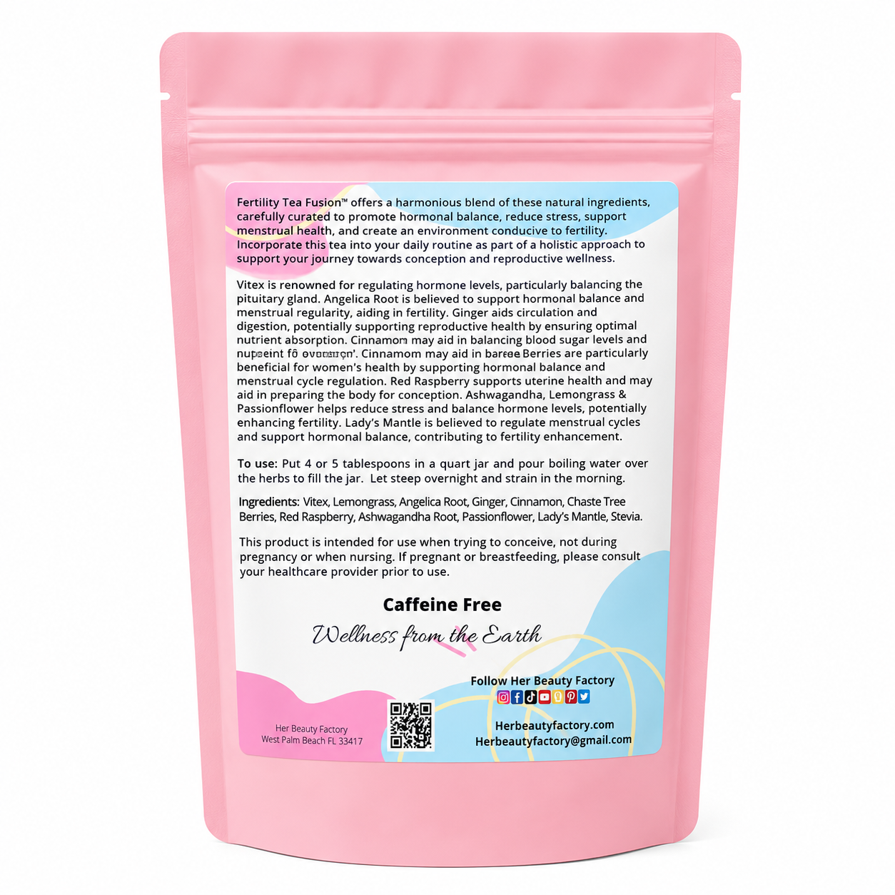Pink stand-up pouch of Fertility Tea Fusion herbal tea with a blue and pink label, shown on a white background with product details printed on the front.