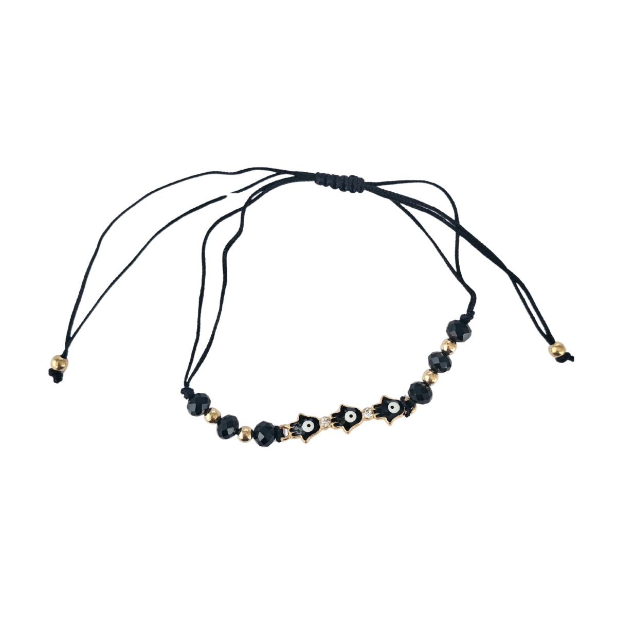 Necklace with black beads ane evil eye elements on a white background
