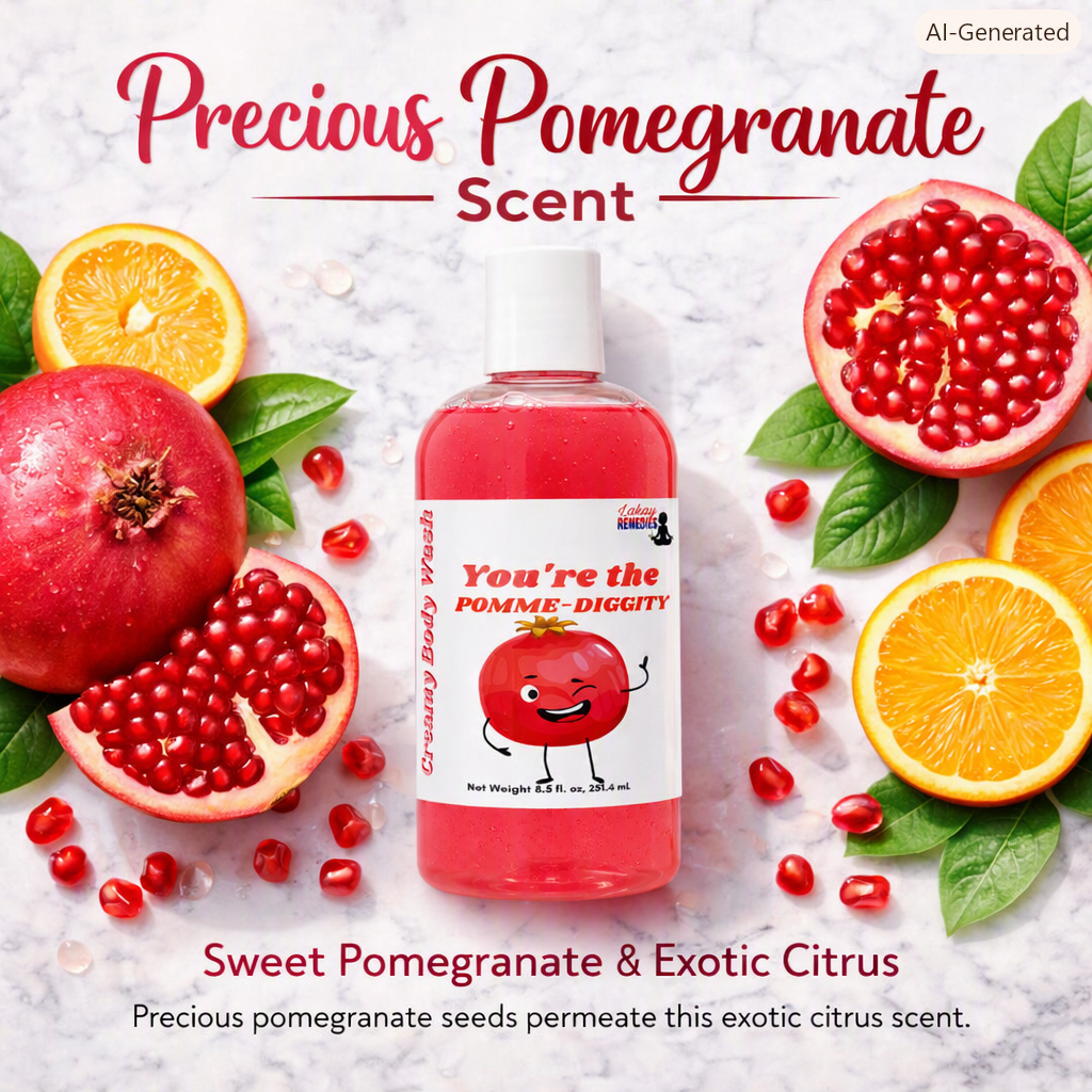 A bottle of pinkish-red body wash labeled 'You're the Pomme-Digitty' surrounded by fresh pomegranates, orange slices, and green leaves on a light marble background, with text reading 'Precious Pomegranate Scent' and 'Sweet Pomegranate & Exotic Citrus'.