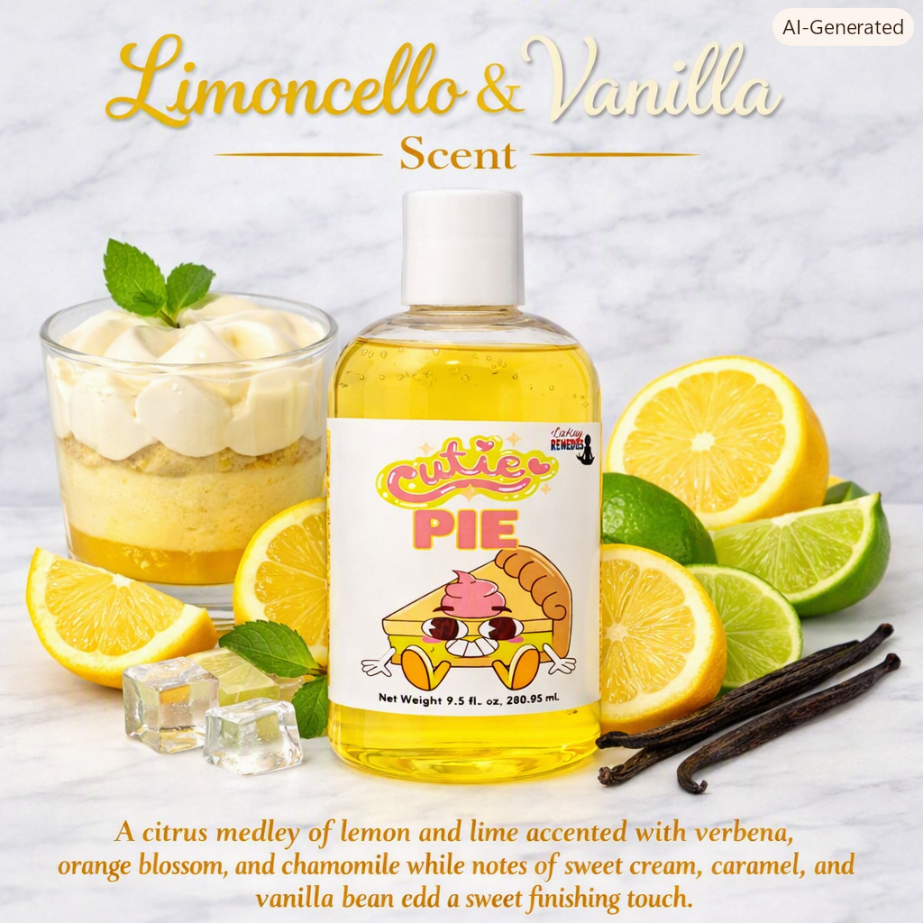 A bottle of 'Cutie Pie' scent by Lakay Remedies, labeled as 'Limoncello & Vanilla Scent', displayed on a white marble background with fresh lemons, limes, vanilla beans, ice, and a dessert cup.