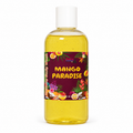 A 16 oz clear plastic bottle filled with yellow mango-scented gel, featuring a white cap and a colorful tropical 'Mango Paradise' label, set against a plain white background.