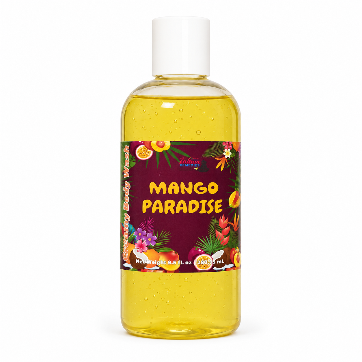 A 16 oz clear plastic bottle filled with yellow mango-scented gel, featuring a white cap and a colorful tropical 'Mango Paradise' label, set against a plain white background.