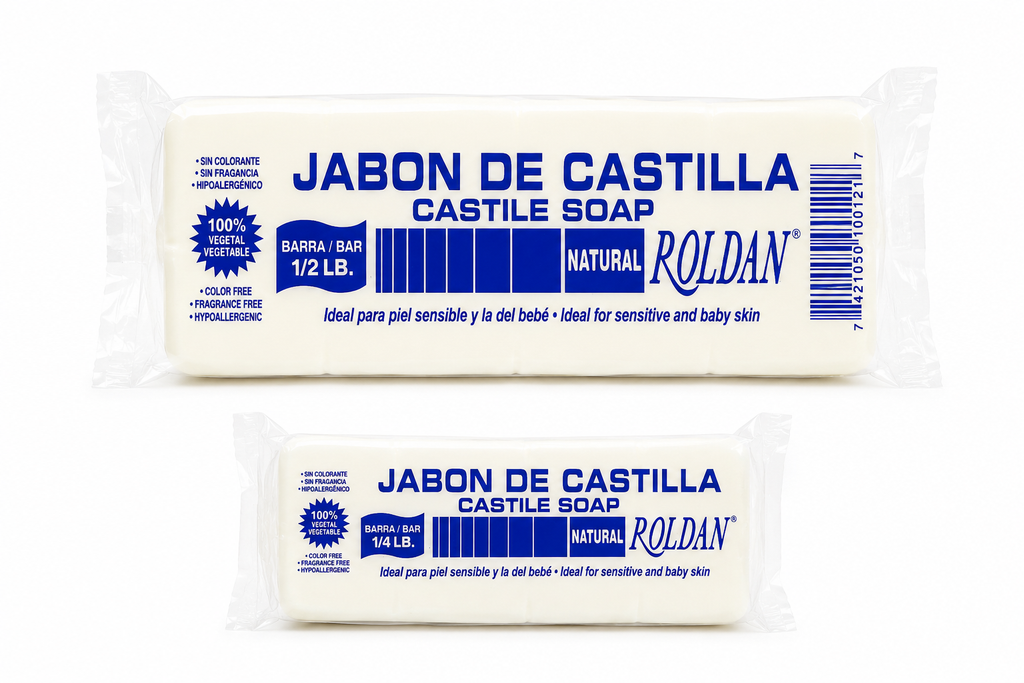Two bars of Roldan Natural Castile Soap in clear plastic wrapping, displayed against a plain white background.