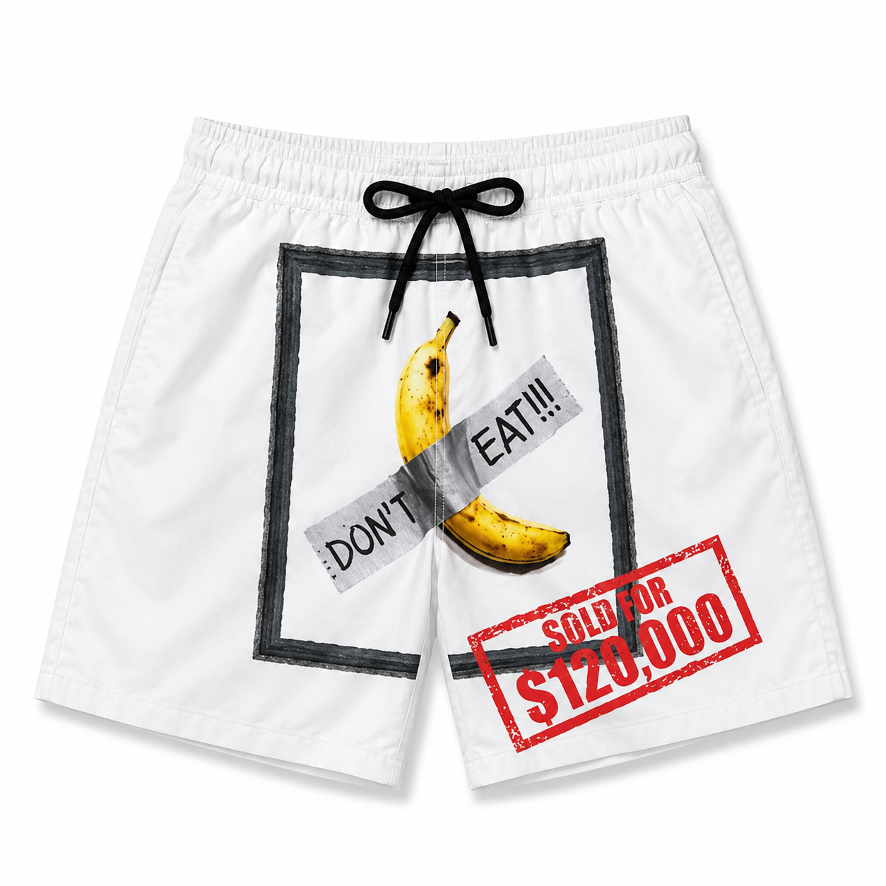 White shorts with banana graphic and text on a white background
