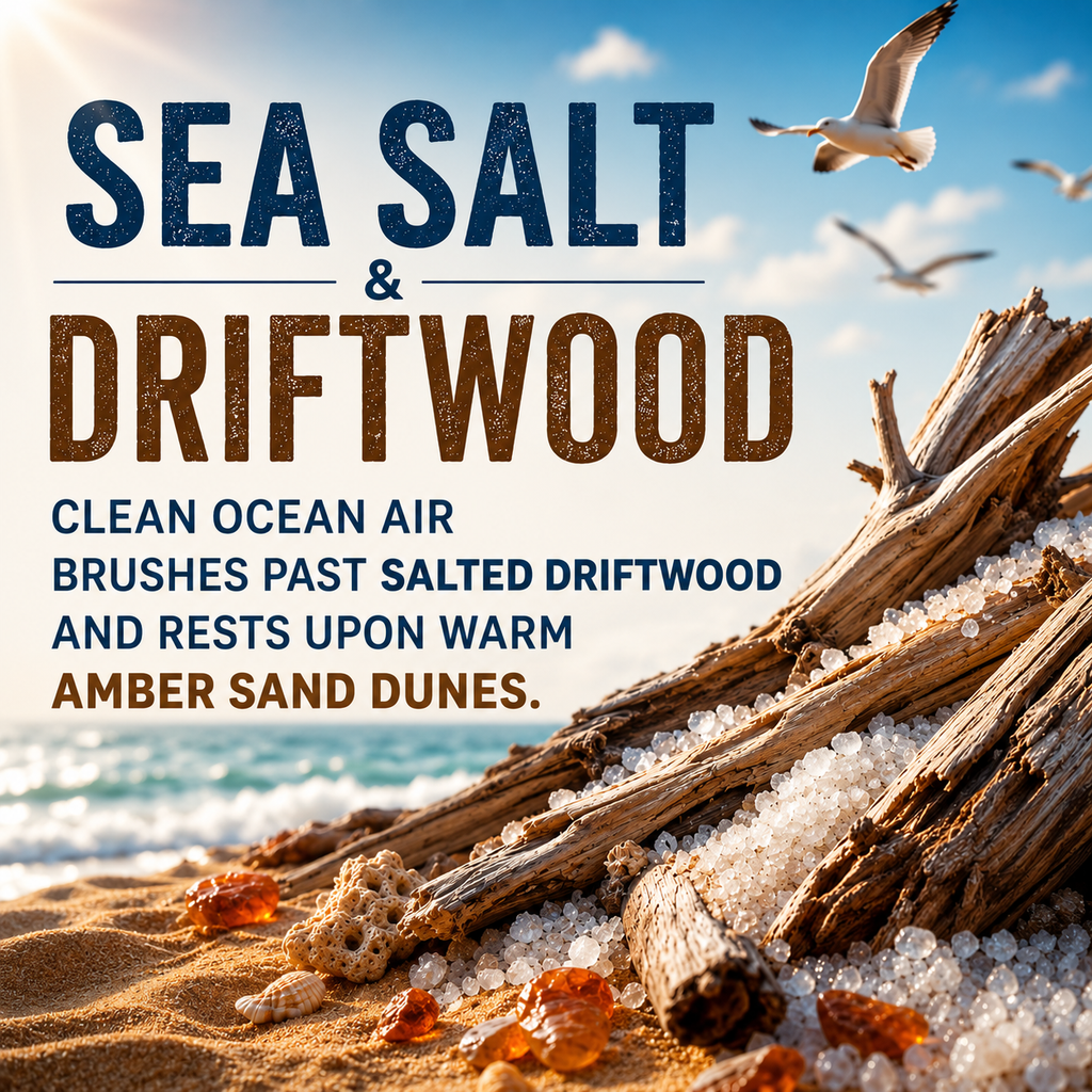 Promotional graphic for Sea Salt & Driftwood bath brushes, featuring large textured text over a beach scene with driftwood logs, white salt crystals, sand, ocean water, and flying seagulls.
