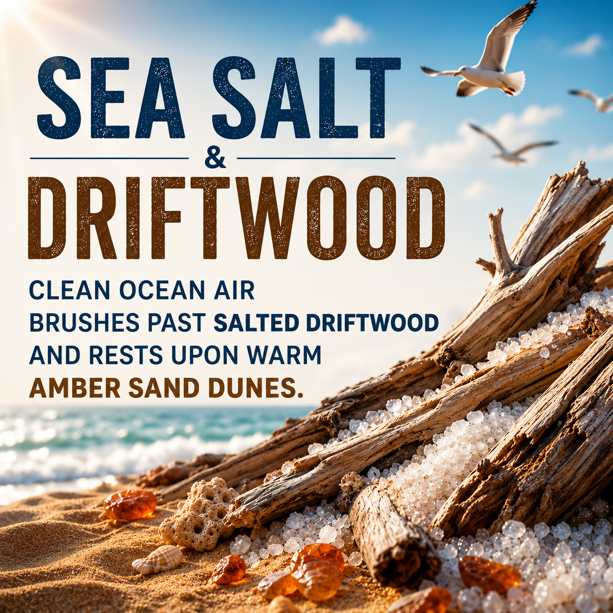 Promotional graphic for Sea Salt & Driftwood bath brushes, featuring large textured text over a beach scene with driftwood logs, white salt crystals, sand, ocean water, and flying seagulls.