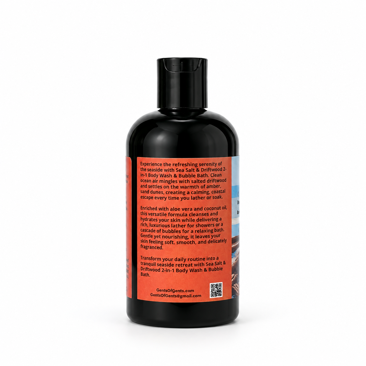 A black bottle of body wash with a black cap, featuring a prominent orange label with white text detailing the product's ingredients and benefits, set against a plain white background.