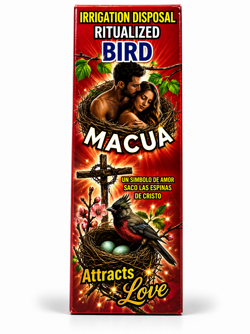 Product packaging with a romantic scene, cross, and text on a red background