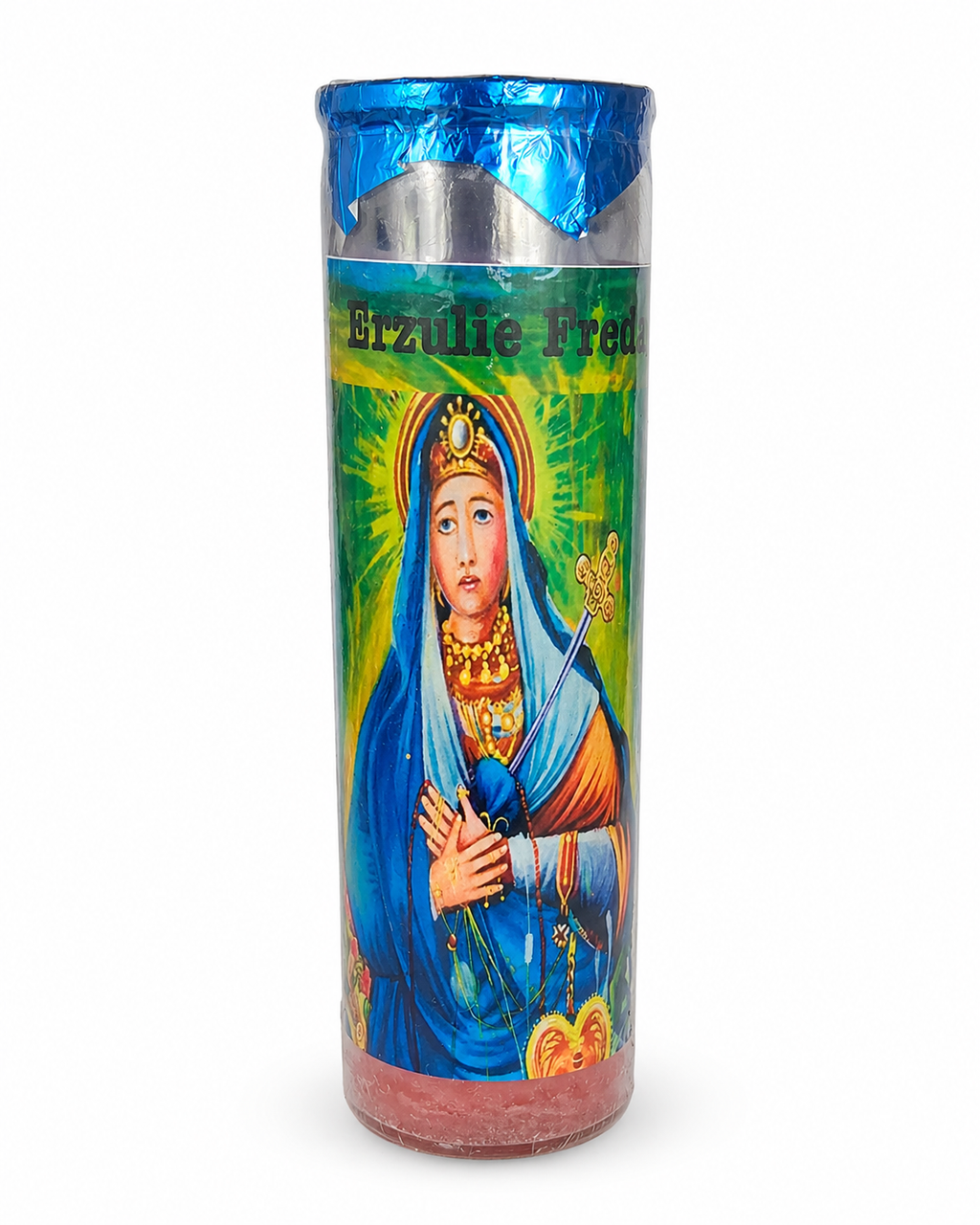 Candle with a colorful design of a religious figure on a white background