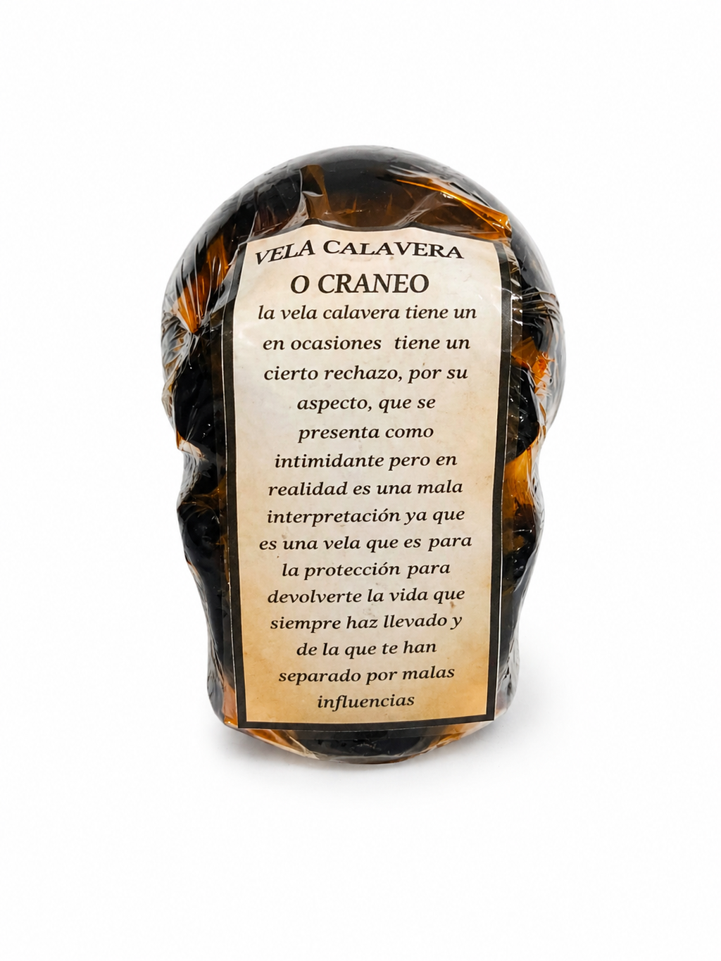 Skull-shaped candle with a message on a white background
