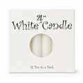 A white square candle box with a circular cutout showing two white 4-inch candles inside. The box has black text reading '4" White Candle' and '12 Pcs in a Pack' on a clean white background.