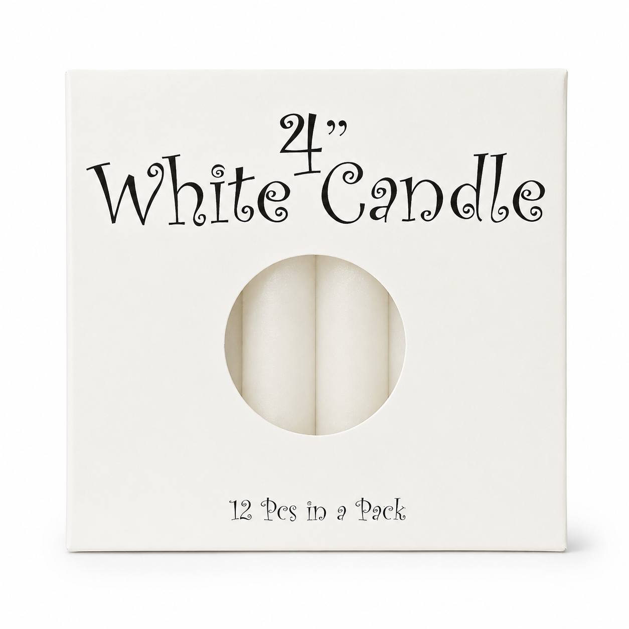 A white square candle box with a circular cutout showing two white 4-inch candles inside. The box has black text reading '4" White Candle' and '12 Pcs in a Pack' on a clean white background.