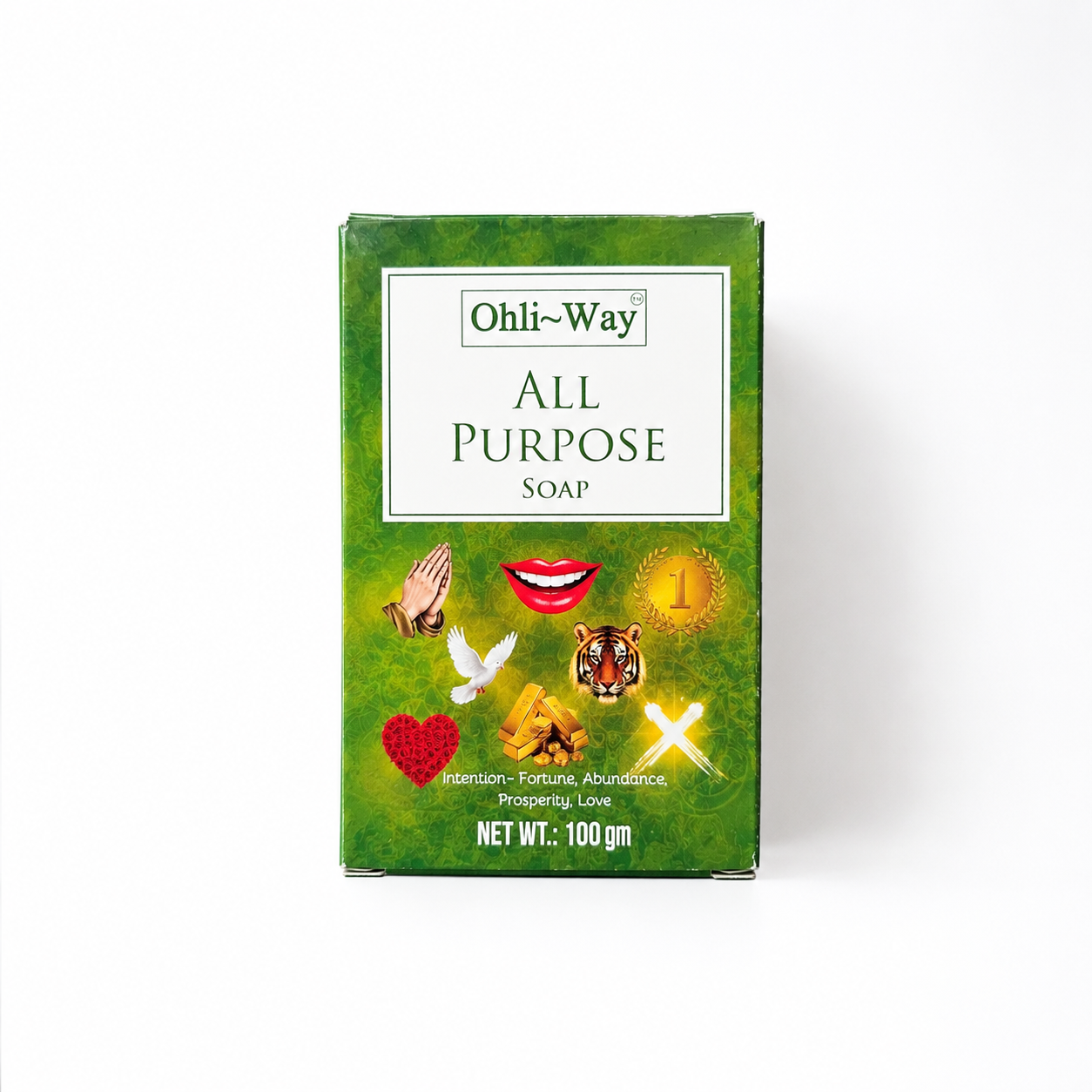 Ohli-Way All Purpose Soap in a green rectangular box with a white label and various spiritual symbols printed on the front, set against a plain white background.