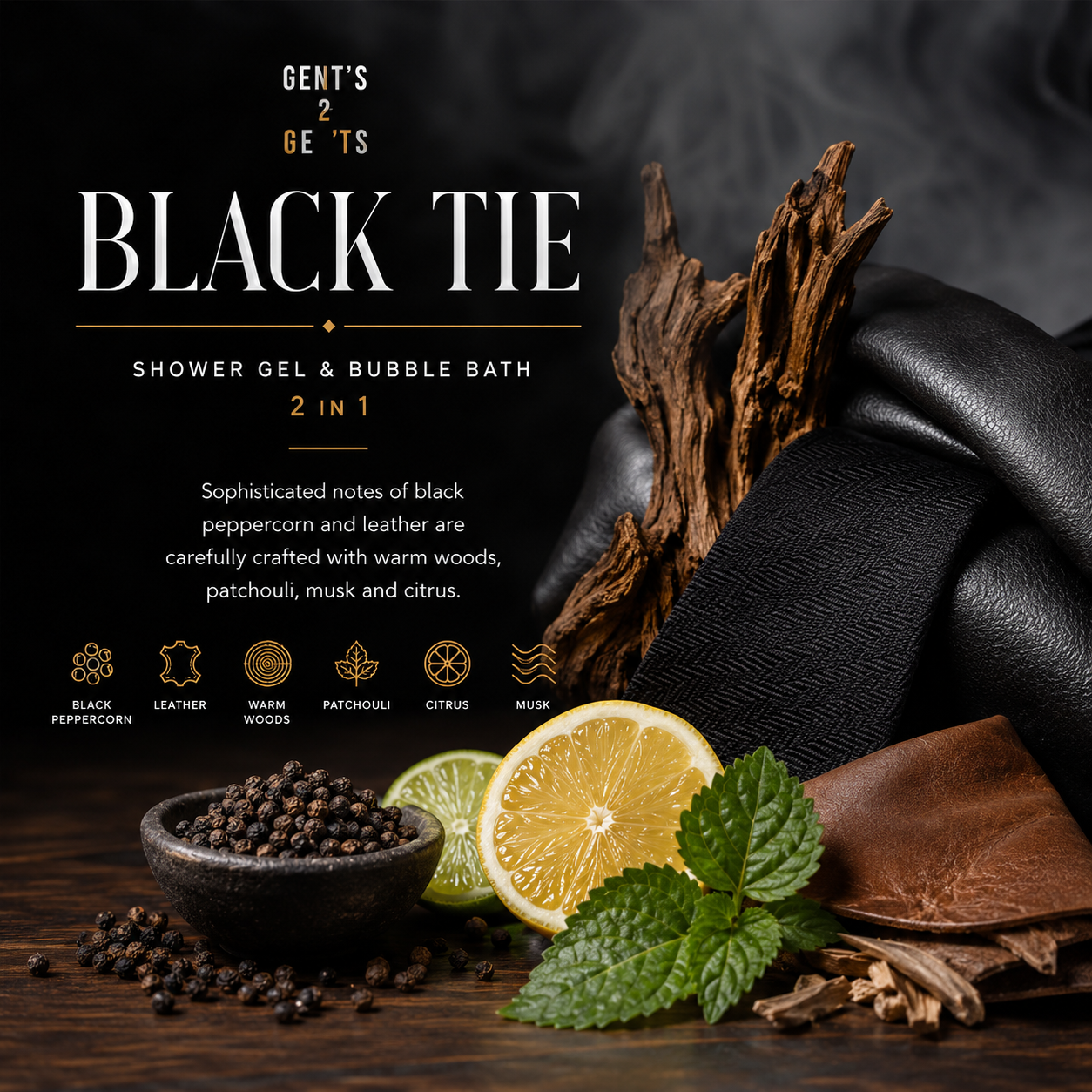 Black Tie Shower Gel & Bubble Bath 2-in-1 advertisement featuring a black leather glove, dark wood driftwood, peppercorns, lime slices, mint leaves, and a brown leather patch on a dark wooden table against a black background with product details and scent notes.