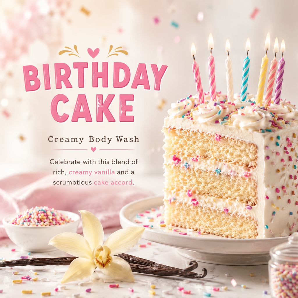 A slice of layered vanilla cake with white frosting, colorful sprinkles, and lit birthday candles on a plate, styled with the text 'BIRTHDAY CAKE' and 'Creamy Body Wash' on a soft pink background with sprinkles and a vanilla flower.