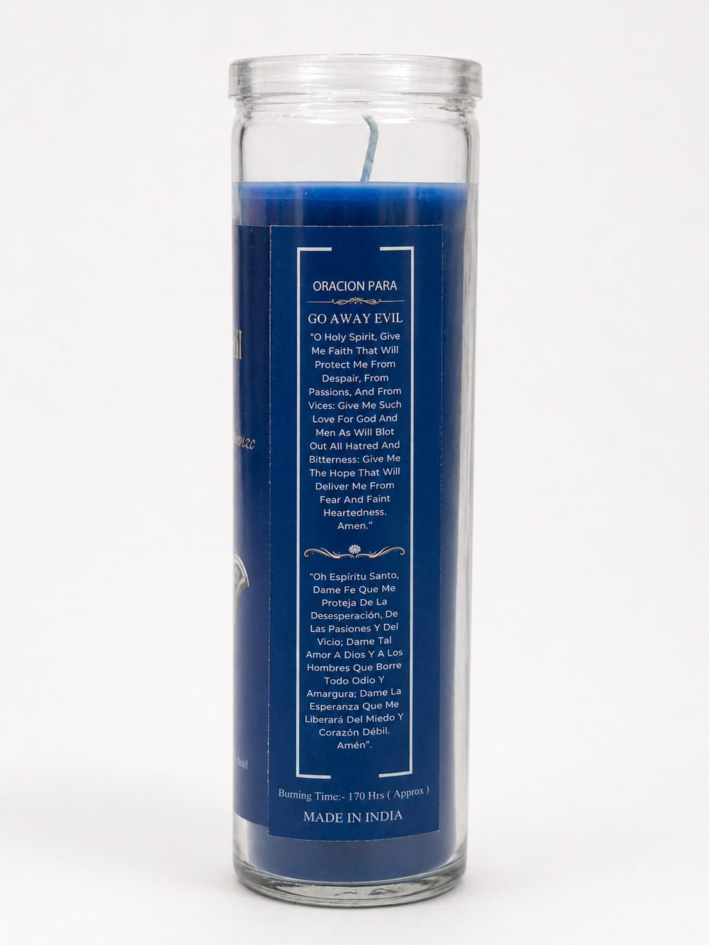 Blue candle in a glass jar with text on a white background