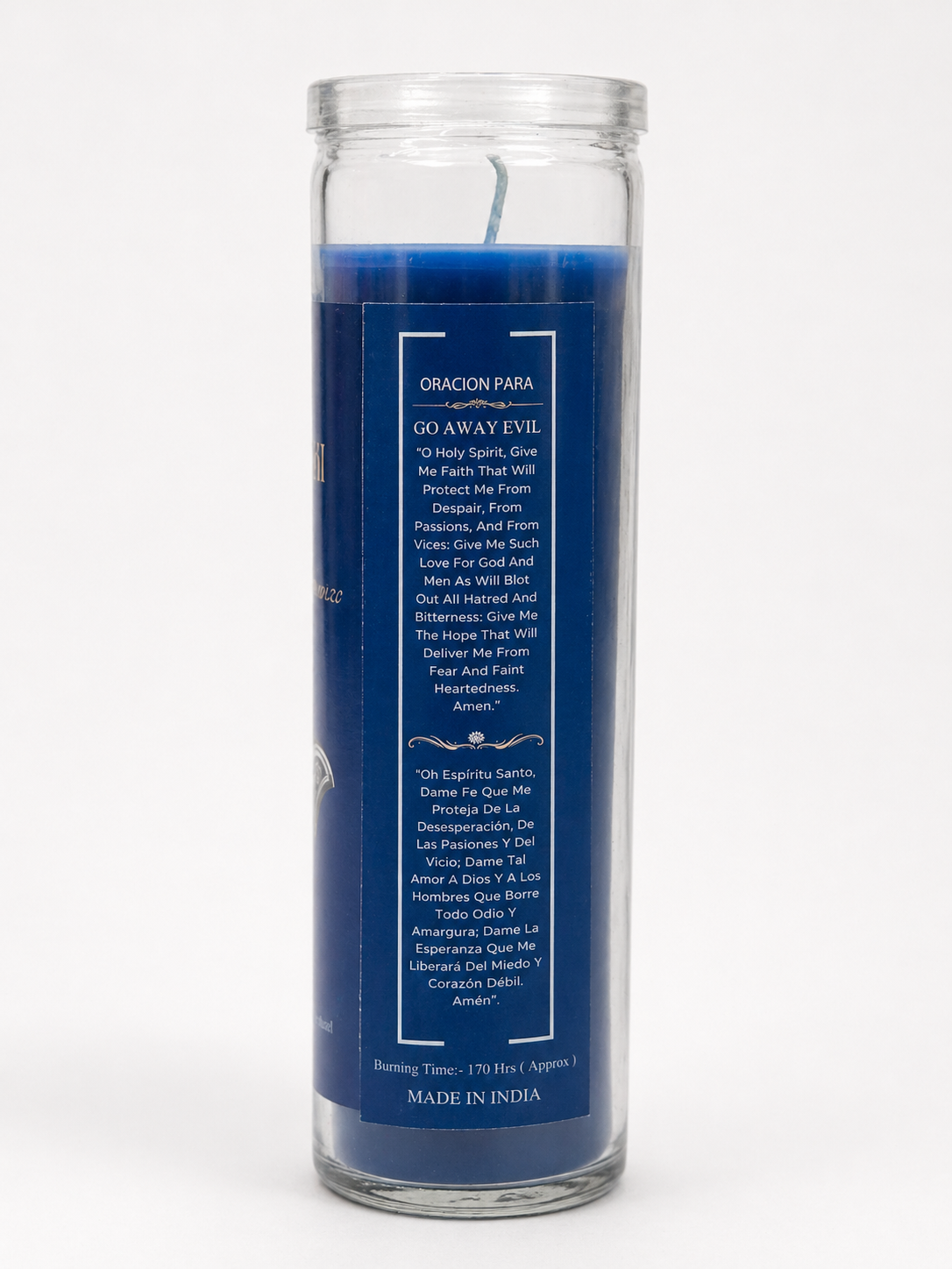 Blue candle in a glass jar with text on a white background