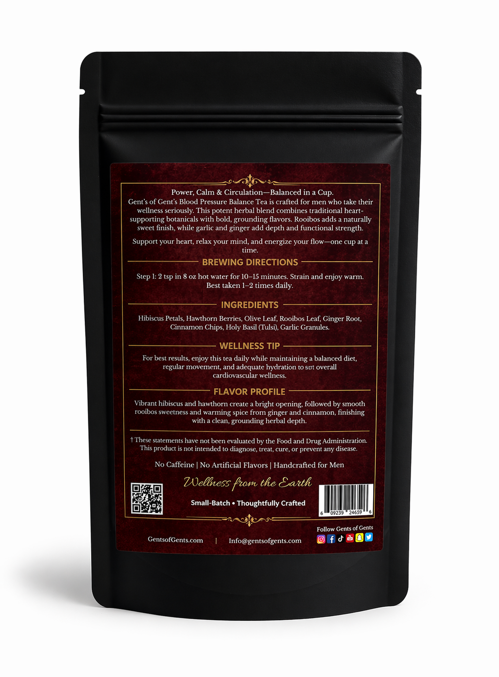Black packaging with red text and QR code on a white background