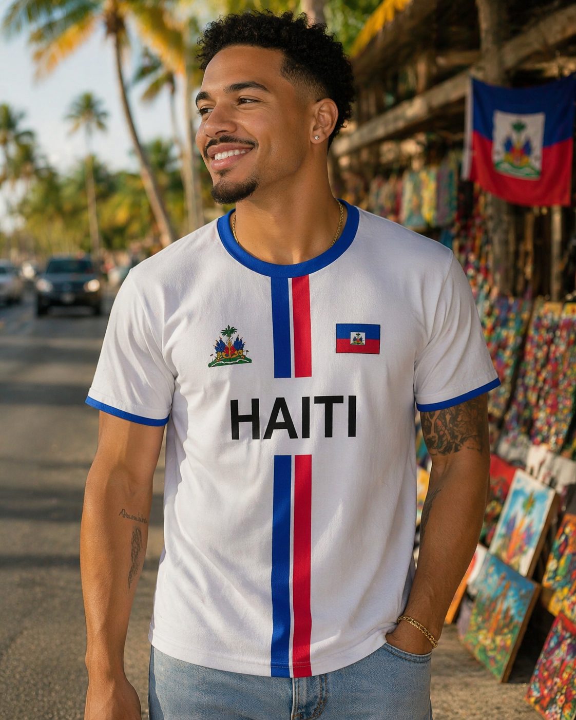 Man wearing a Haiti-themed shirt with flags on a street market background