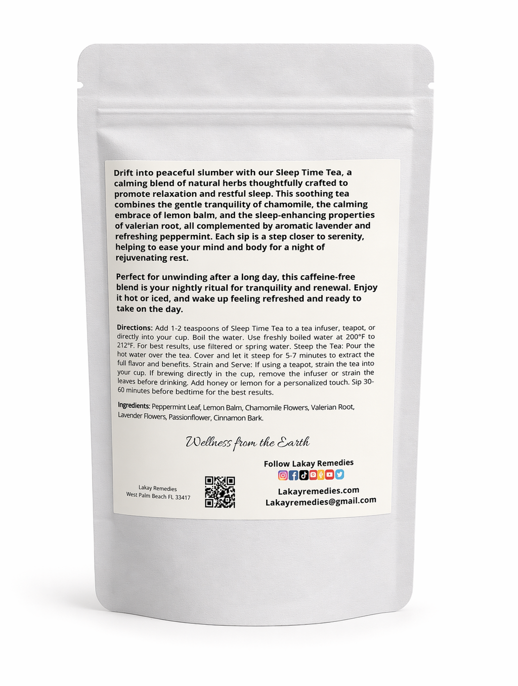 Tea package with text and branding on a white background