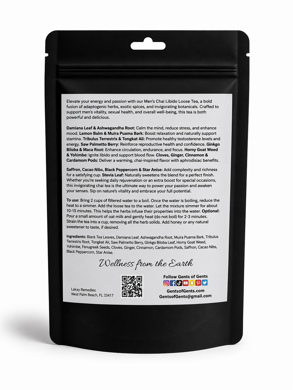 Black tea package with text and QR code on a white background