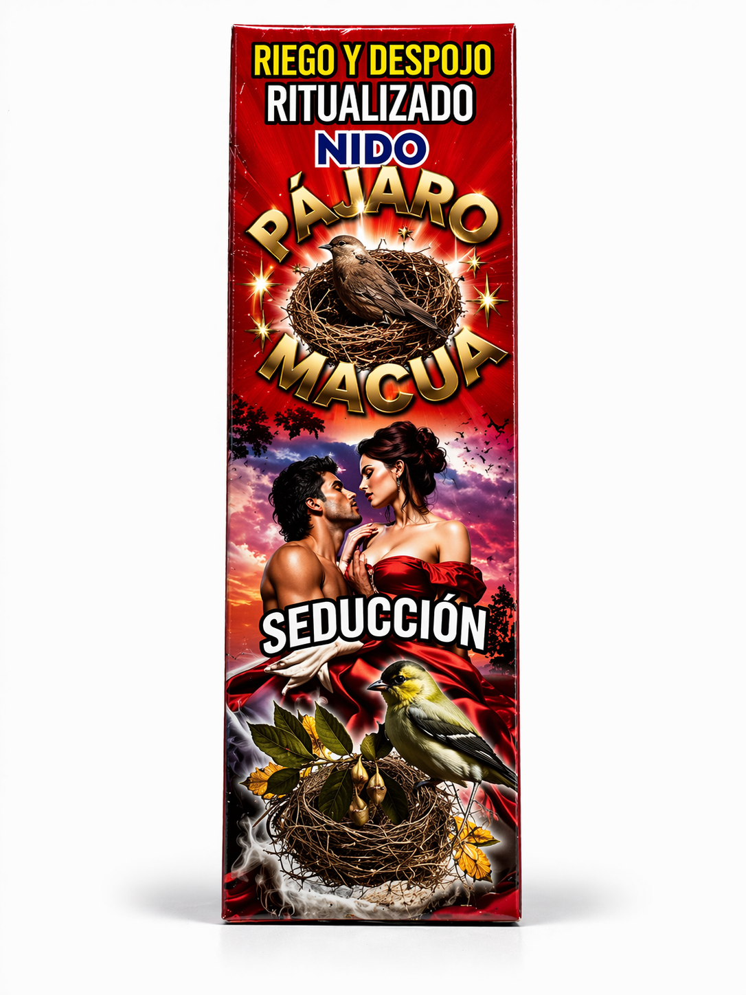 Product packaging with a romantic scene and text on a red background