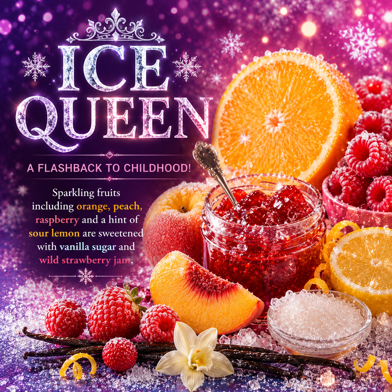 A colorful product graphic for 'Ice Queen' flavored sugar. The design features a purple glittery background with the product name in large white letters.
