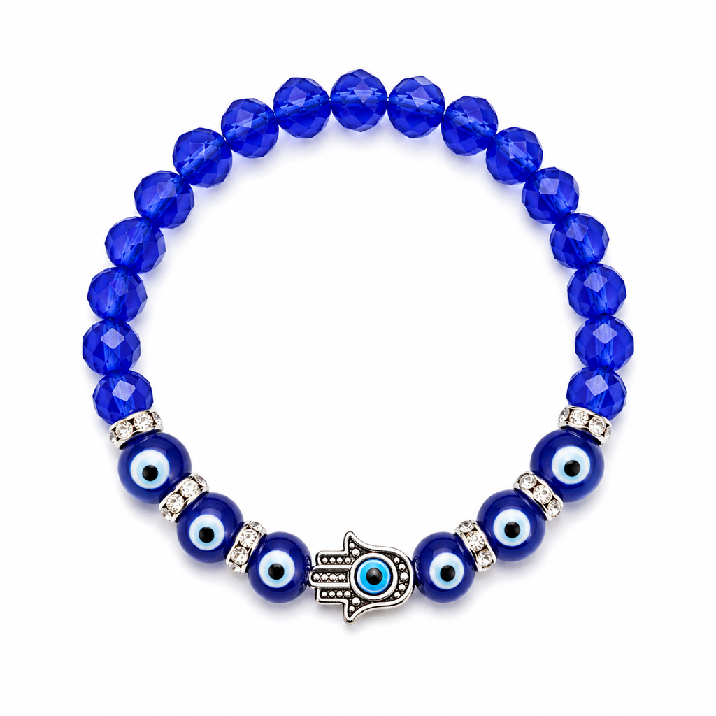 Blue beaded bracelet with evil eye charms on a white background