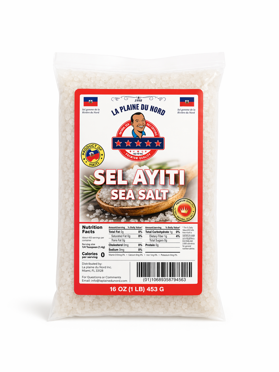 Bag of Sel Ayiti sea salt with a red label on a white background