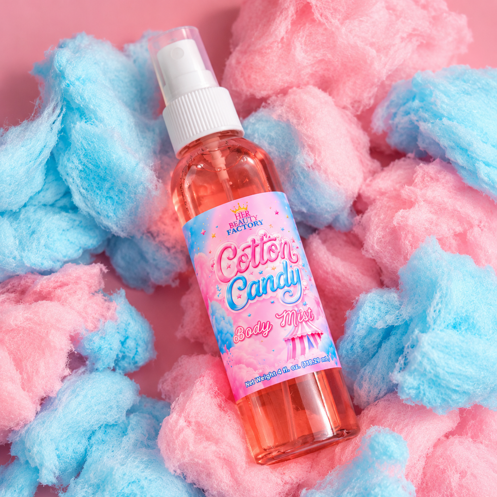 Her Beauty Factory Cotton Candy Body Mist in a pink spray bottle displayed on cotton candy.