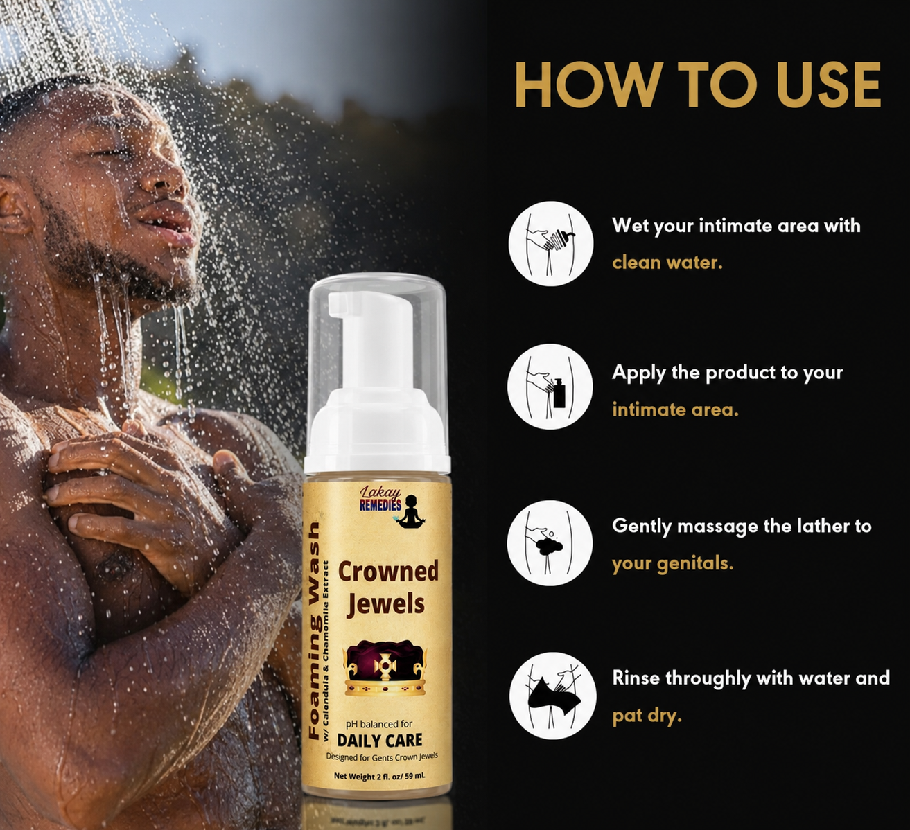 A bottle of Crowned Jewels Men's Intimate Wash is shown in the foreground on a black background, next to a lifestyle photo of a man showering. The right side features a 'HOW TO USE' guide with four steps and icons.