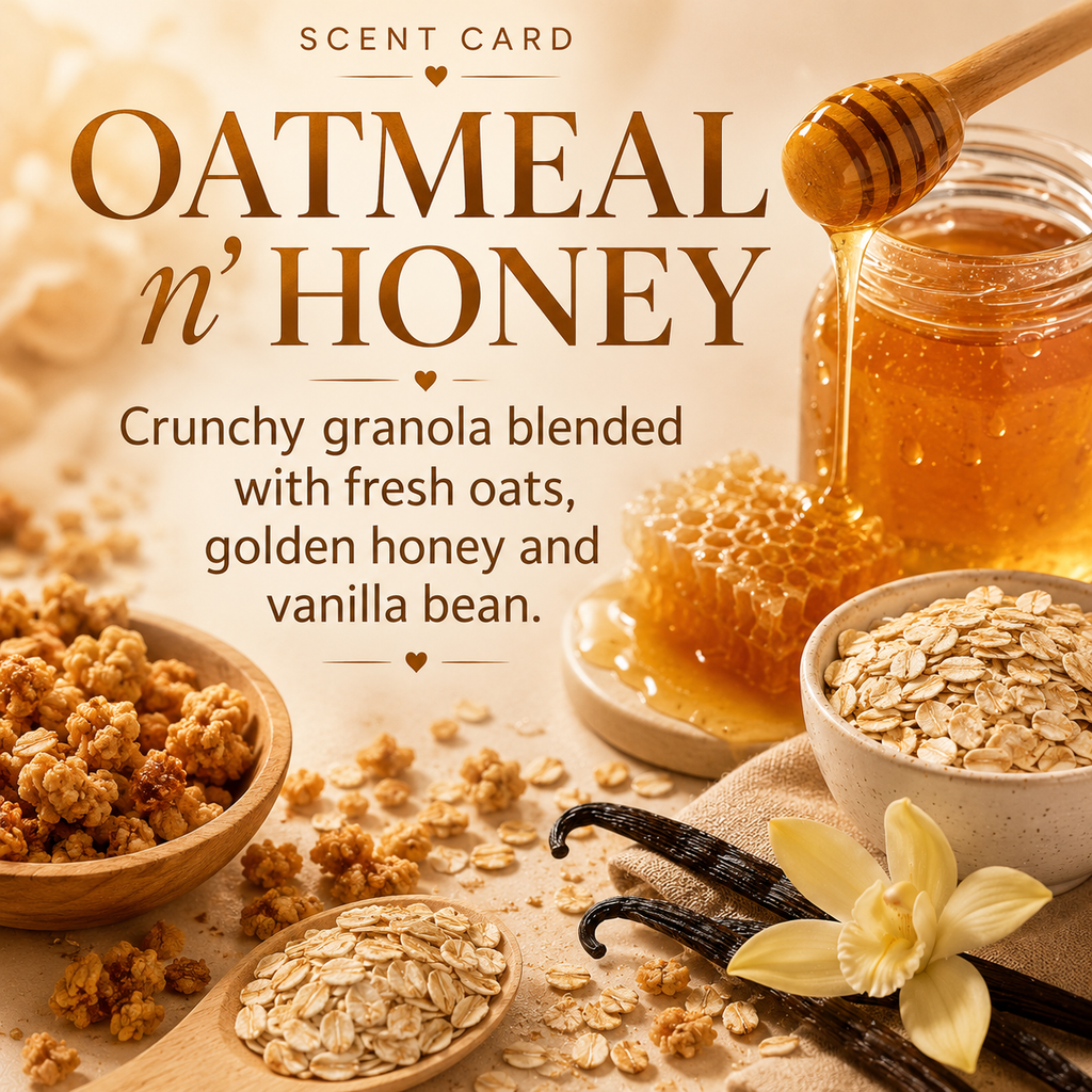 Scent card graphic for Oatmeal N' Honey, featuring a warm, golden-brown aesthetic with a jar of honey dripping from a wooden dipper, bowls of oats and granola, vanilla beans, and a honeycomb piece. Text reads 'OATMEAL n' HONEY' and 'Crunchy granola blended with fresh oats, golden honey and vanilla bean.