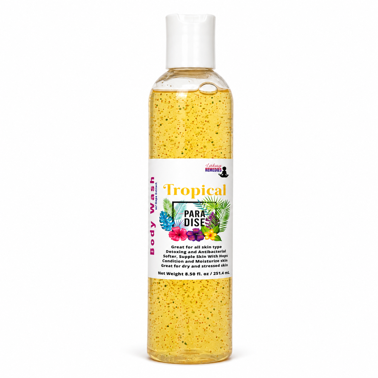 A clear plastic bottle of Tropical Para-Dise Body Wash filled with yellow speckled liquid, featuring a white cap and a white label with tropical fruit illustrations.