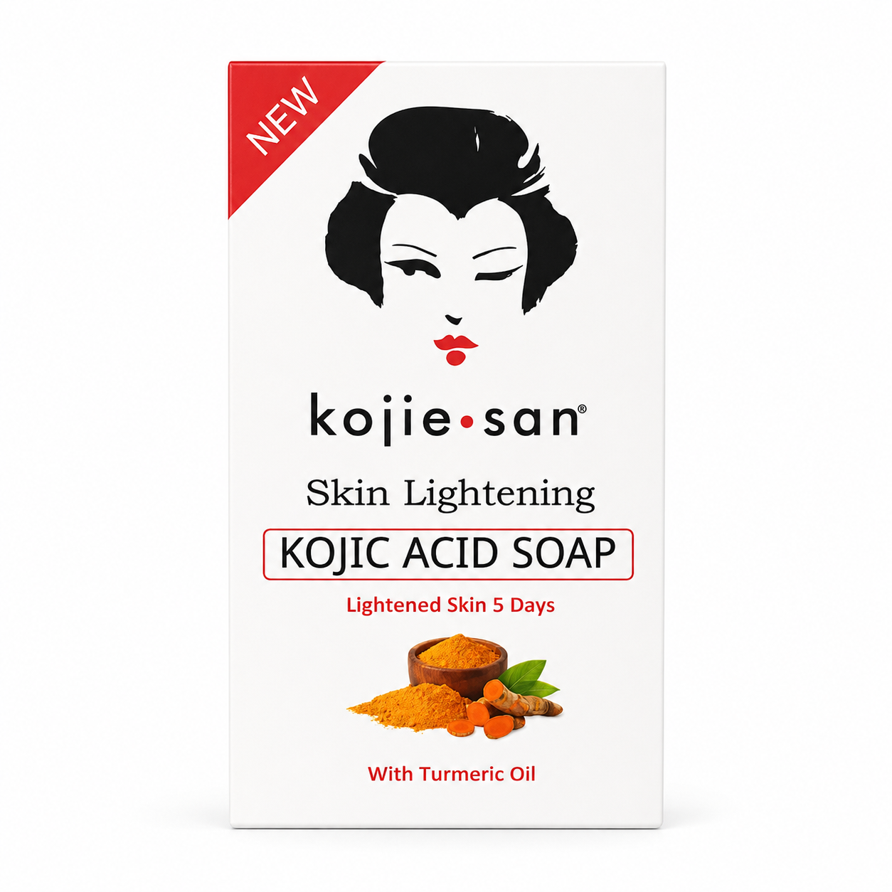 Kojie San Skin Lightening Kojic Acid Soap box, featuring a white background with a black stylized face graphic, a red 'NEW' banner, and illustrations of turmeric ingredients at the bottom.