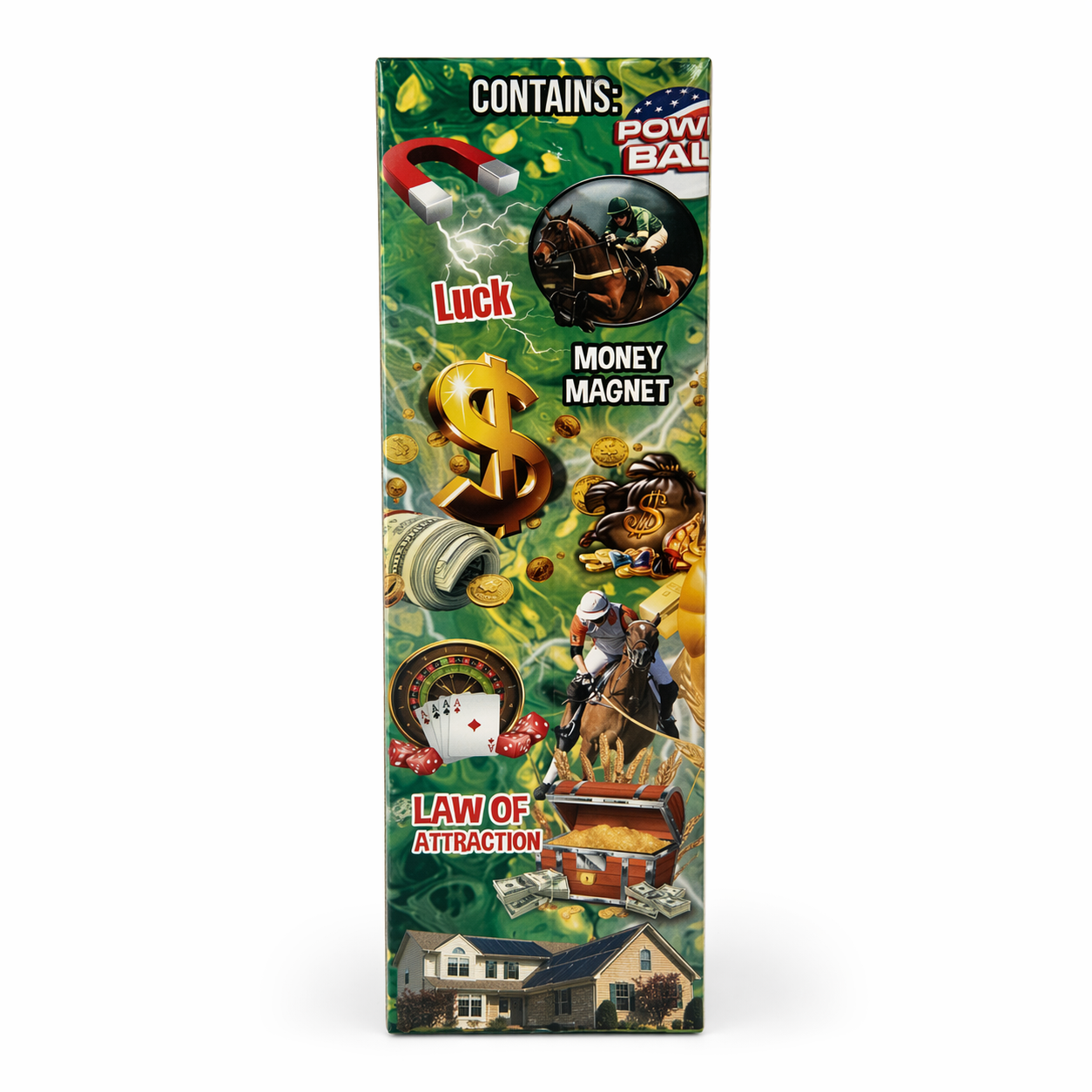 Product packaging for a money magnet with various symbols and text on a white background