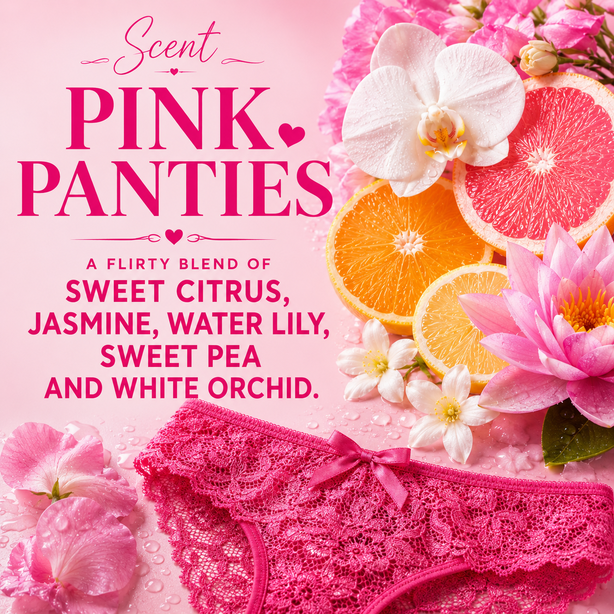 Pink lace panties shown on a pink background with floral and citrus props, alongside large text reading 'Pink Panties' and a scent description combining sweet citrus, jasmine, water lily, sweet pea, and white orchid.