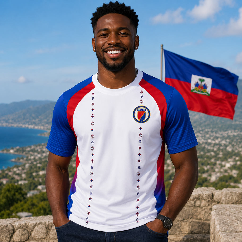 Man wearing a shirt with a flag design, standing in front of a mountainous landscape with a flag in the background.
