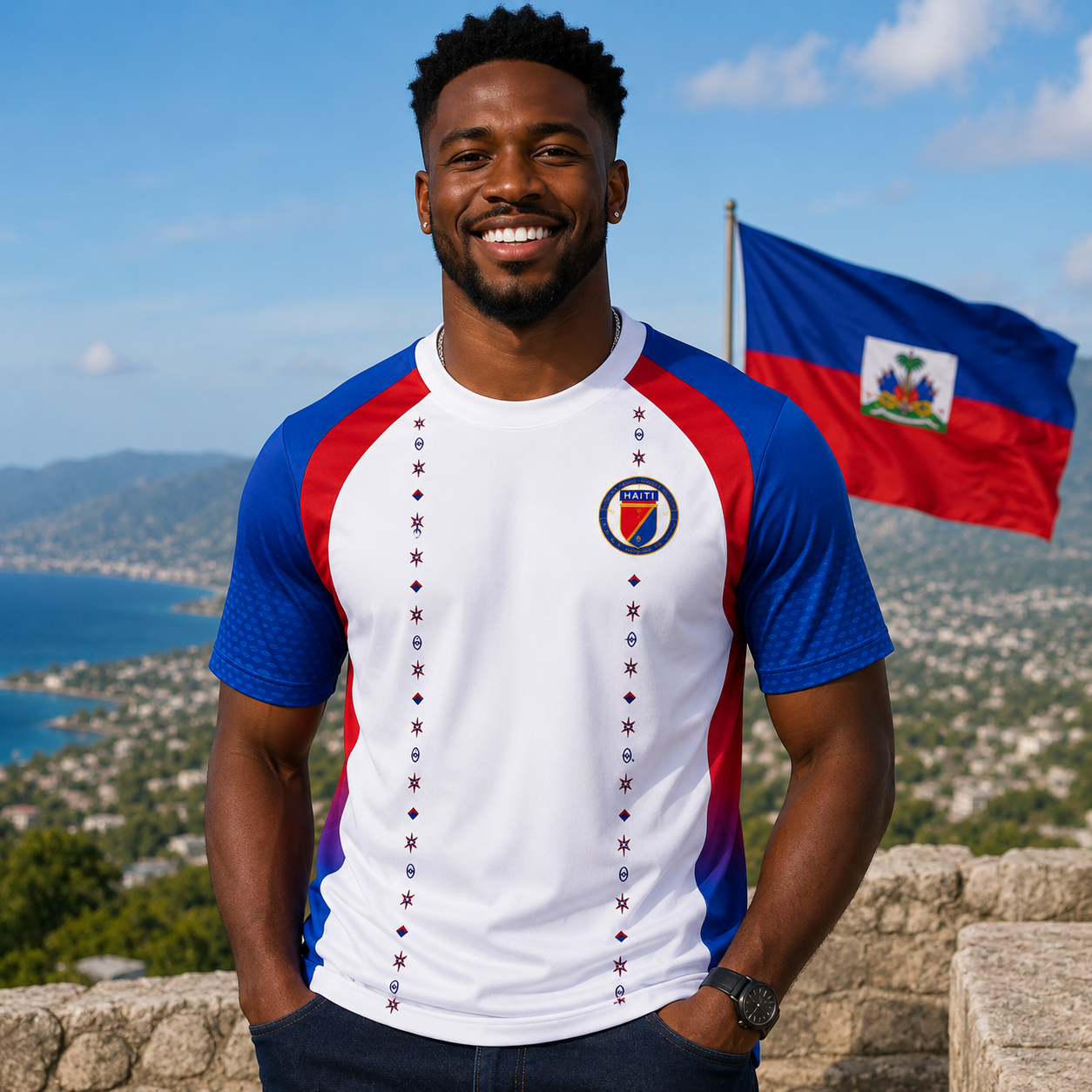 Man wearing a shirt with a flag design, standing in front of a mountainous landscape with a flag in the background.